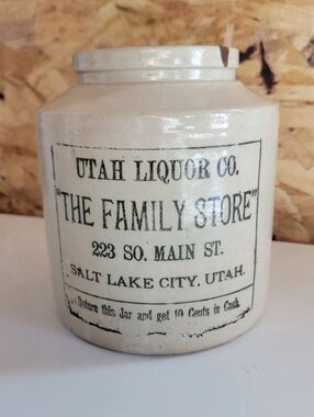 Utah Liquor Co. "The Family Store" Stoneware Jar - Cream with Black Print